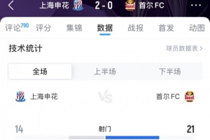 申花vs首尔FC全场数据：射门14-21，射正6-5，控球率33%-67%