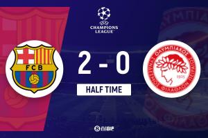 半场-巴萨暂2-0奥林匹亚科斯 费尔明双响亚马尔德罗送助攻