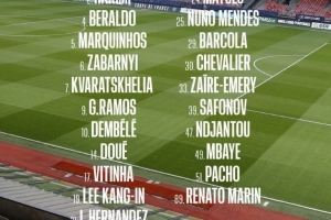 巴黎本轮法甲大名单：登贝莱、K77领衔，内维斯、法比安伤缺